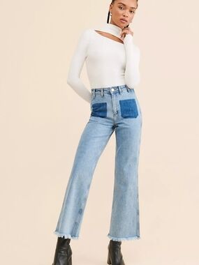 Anthropologie Seventy Mochi Mabel Patch Pocket Jeans 29 Frayed Hem Wide Leg Nwot
